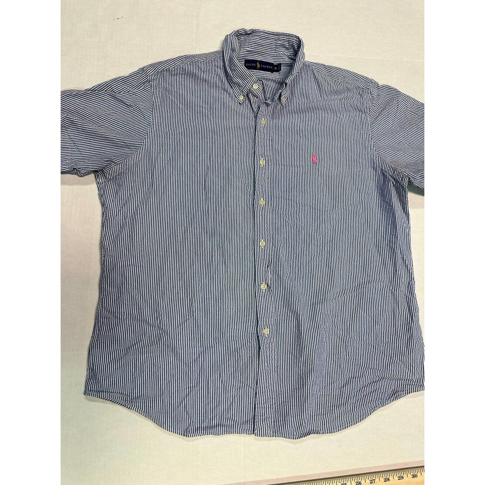 Polo Ralph Lauren Shirt Mens xl blue stripe pink pony Short Sleeve Seersucker